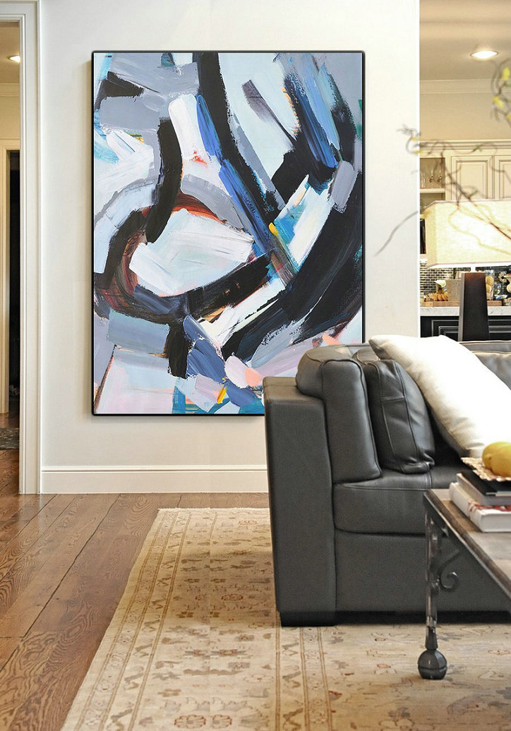Original Extra Large Wall Art,Vertical Palette Knife Contemporary Art,Acrylic Painting Canvas Art,White,Grey,Black,Blue.etc